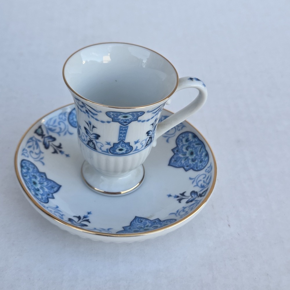 Vintage Avon Teacup and Saucer Set 1984 Blue White Gold Trim Cottagecore Dainty